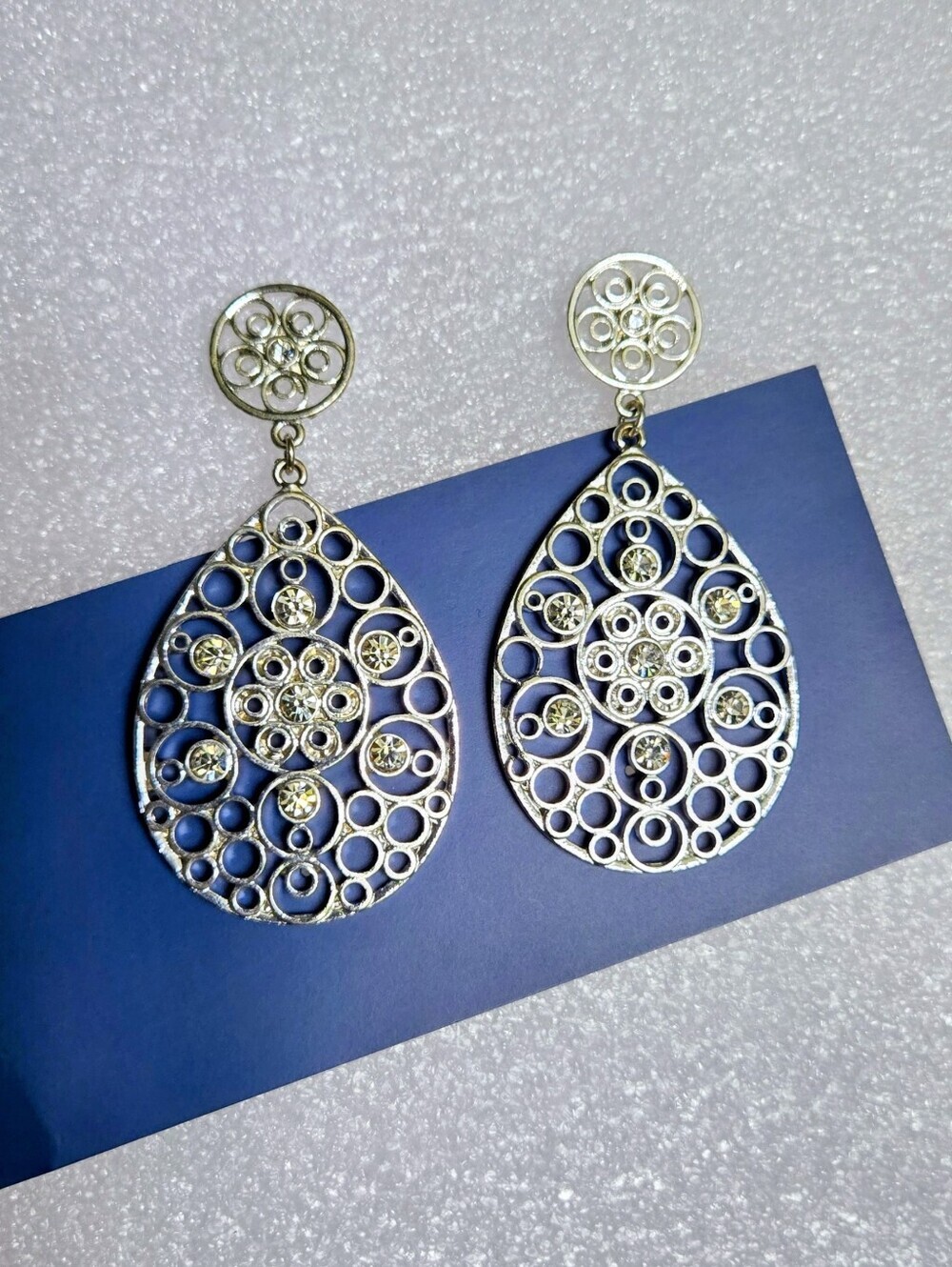 Silver Filigree Teardrop Dangle Earrings with Sparkle - Picture 9 of 16